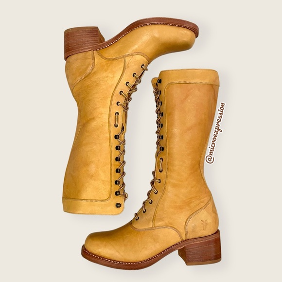 RARE FRYE Banana Tan Leather Campus Lug LaceUp Vintage Knee High Equestrian Boot - Picture 6 of 16